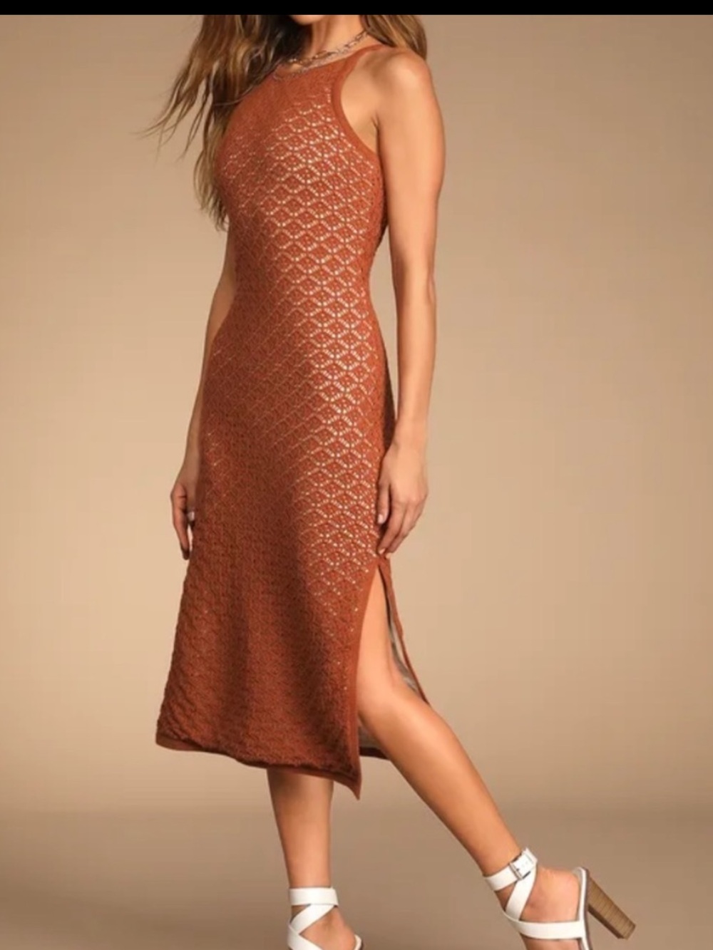 NWT Brown Knit Crochet Sleeveless Midi Dress size medium